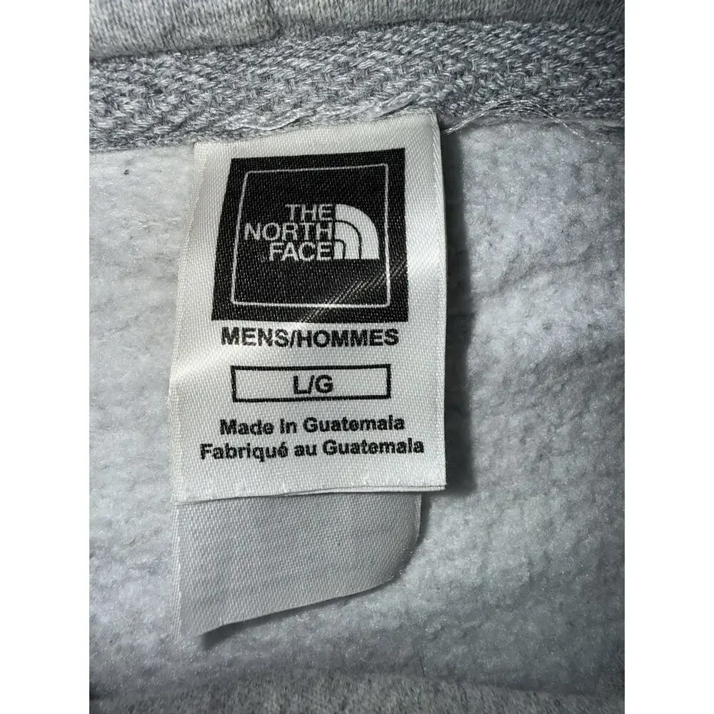 Mens The North Face Fleece Hoodie Size Large Gray Spellout Logo Drawstring EUC